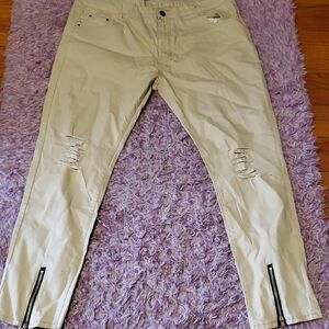 Beige Distressed Pants with Zipper Details